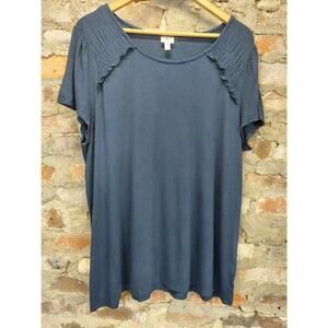 Dressbarn Womens Top Blouse Size 18 Blue Short Sleeve Ruffle Tunic Casual